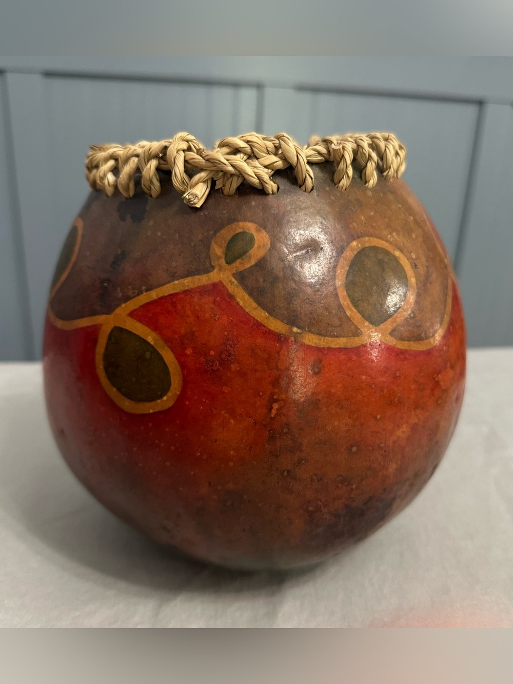 Signed Lynette Asselta 1994 Hand Painted Studio Gourd Vessel Basket Woven Rim